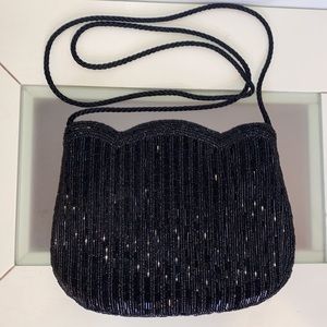 Vintage 1950’s Woodward Black Sequined Magnet Snap Crossbody Bag w/ Rope Strap